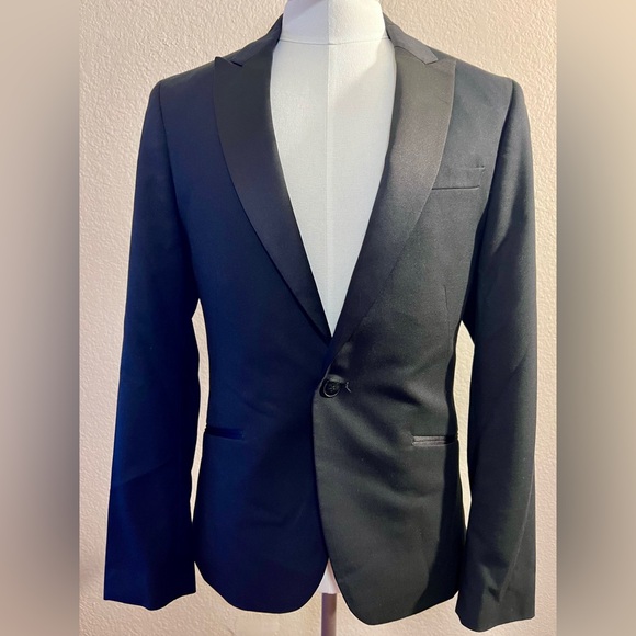 H&M Mens Slim Fit Tuxedo Blazer Jacket Black Size 36 - Picture 1 of 3